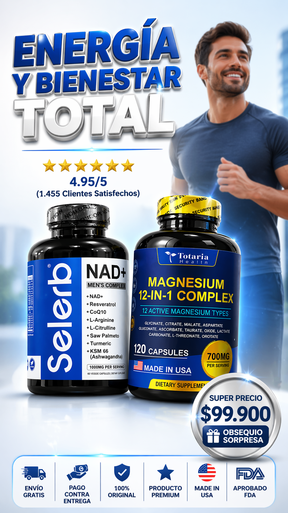 COMBO MACHO ALFA 💪 SELERB NAD +  MAGNESIO 12 EN 1 🇺🇸 Energía + Recuperación Total 100% Original + Obsequio Sorpresa 🎁