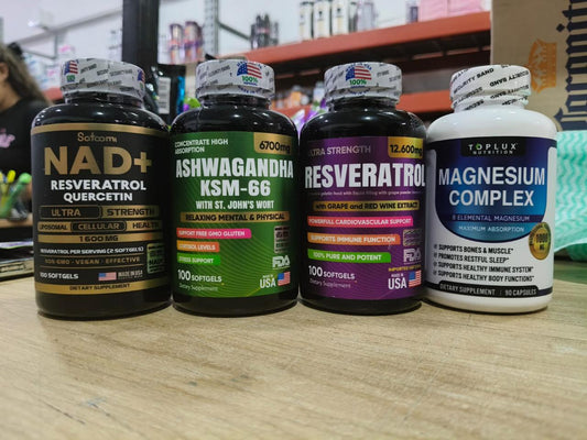 NAD + ASHWGANDA KSM 66 + RESVERATROL+ MAGNESIUM COMPLEX 4 productos IMPORTADOS 🇺🇸 100 % ORIGINALES para renovar tu cuerpo!! “🌱 Naturaleza que Nutre. Ciencia que Potencia. 💥”