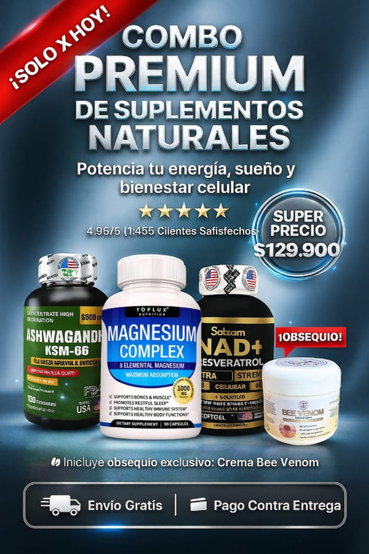 ¡SUPERCOMBO! ASHWAGANDHA 🧘‍♂️ + MAG COMPLEX 💊 + NAD ⚡ (GRATIS  Veneno de Abeja🐝) = 4 PRODUCTOS IMPORTADOS 🇺🇸 ¡ Equilibrio Total ! 🌿✨