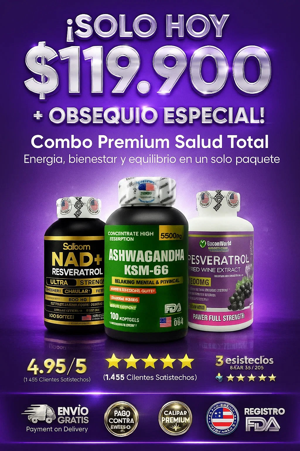 SUPER COMBO (NAD + ASHWAGANDHA KSM-66 + RESVERATROL)100% ORIGINAL IMPORTADO 🇺🇲 😍🍇💟 "Restaura Cuerpo, Mente y Espíritu”